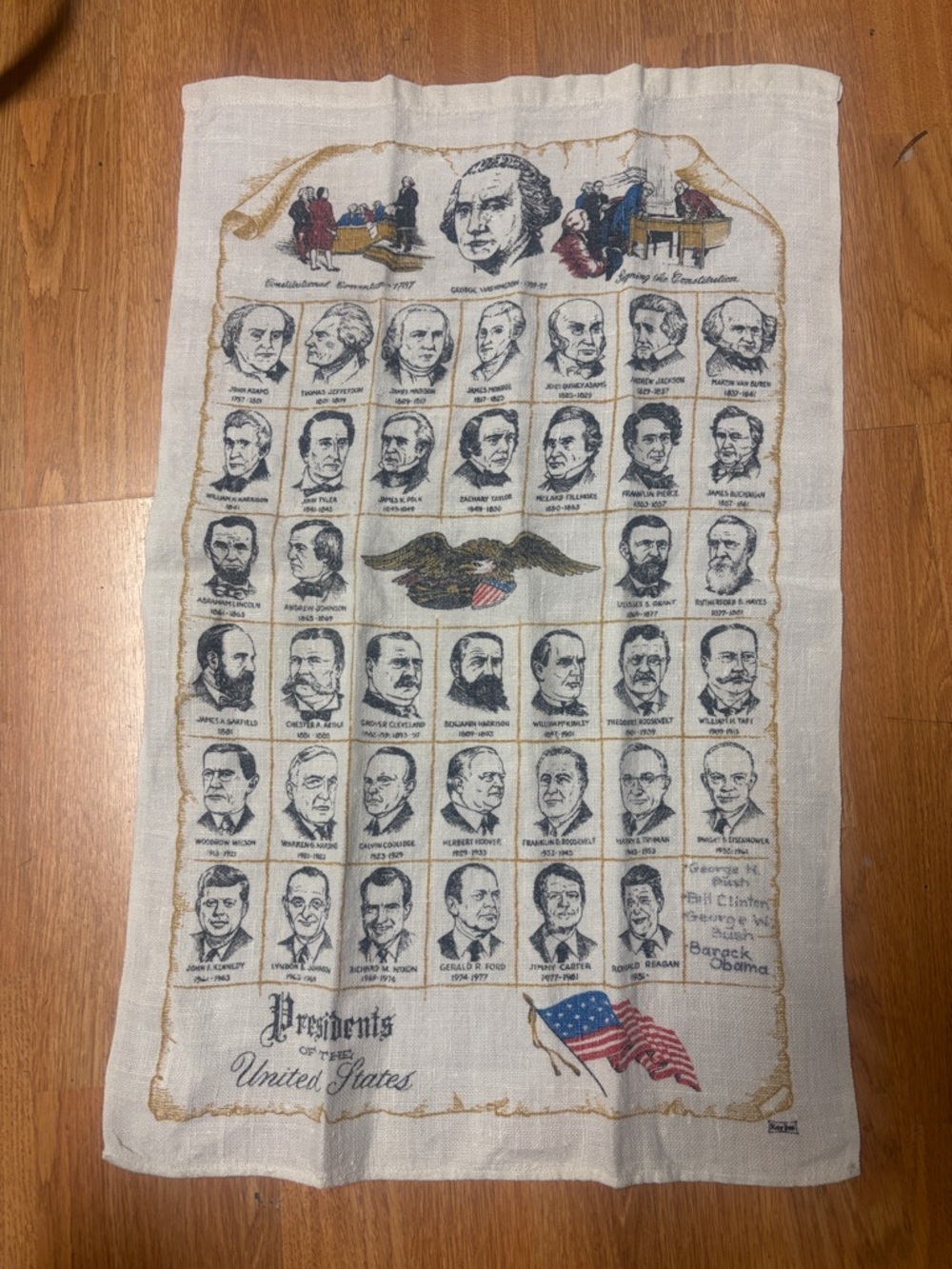 Vintage Kay Dee Hand Printed Linen Tea Towel 'Presidents of the USA' late 1970s